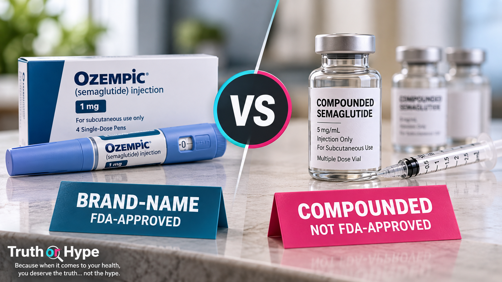 Compounded vs. Brand-Name GLP-1: What You Need to Know 1 compounded vs brand-name GLP-1 medications comparing FDA-approved semaglutide with compounded semaglutide