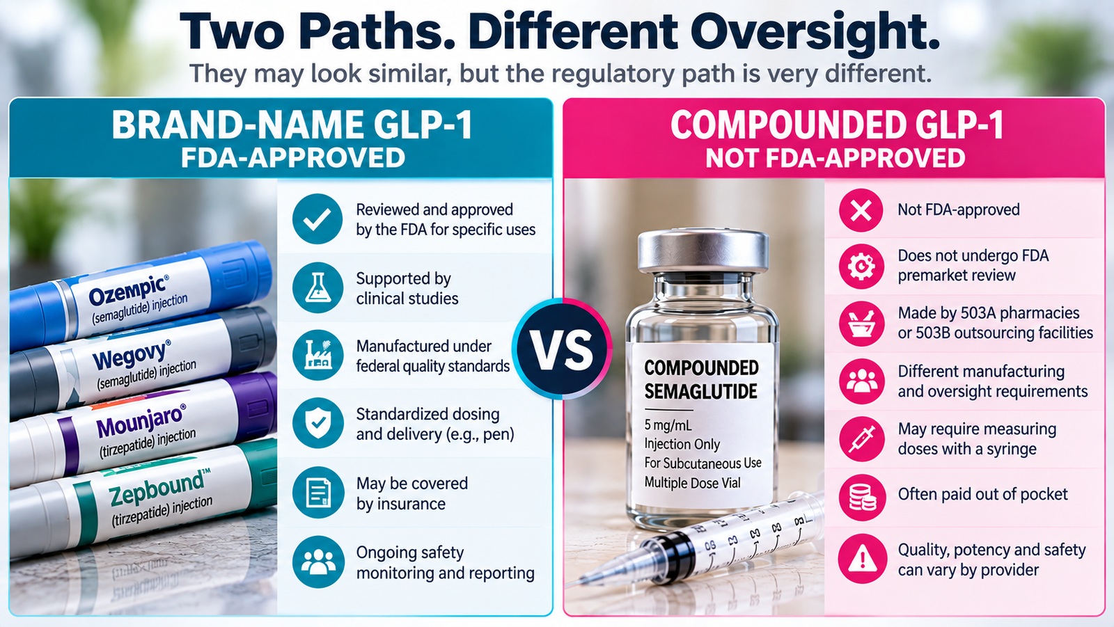 Compounded vs. Brand-Name GLP-1: What You Need to Know 2 compounded vs brand-name GLP-1 comparison showing FDA approval and regulatory oversight differences