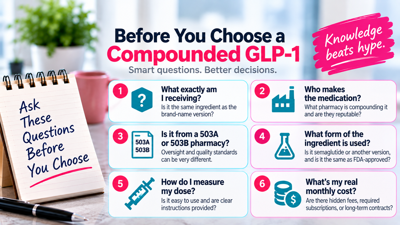 Compounded vs. Brand-Name GLP-1: What You Need to Know 3 compounded vs brand-name GLP-1 questions to ask about pharmacy, ingredients, dosing and total cost