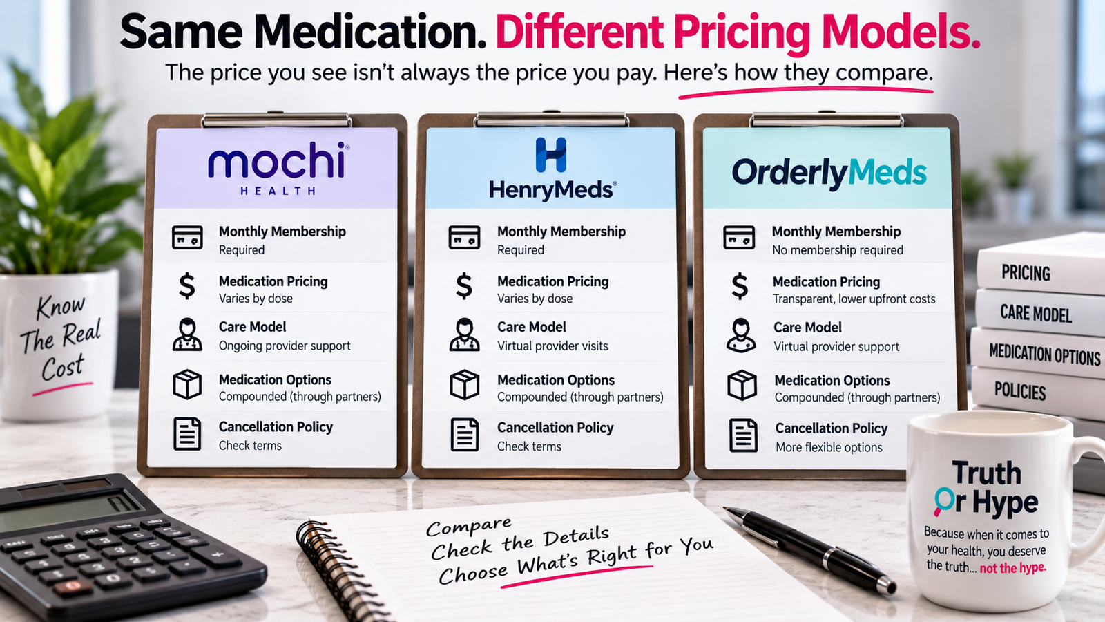 Mochi vs. Henry Meds vs. OrderlyMeds: The Real Difference 2 Mochi vs Henry Meds vs OrderlyMeds comparison of GLP-1 pricing models, membership fees and care
