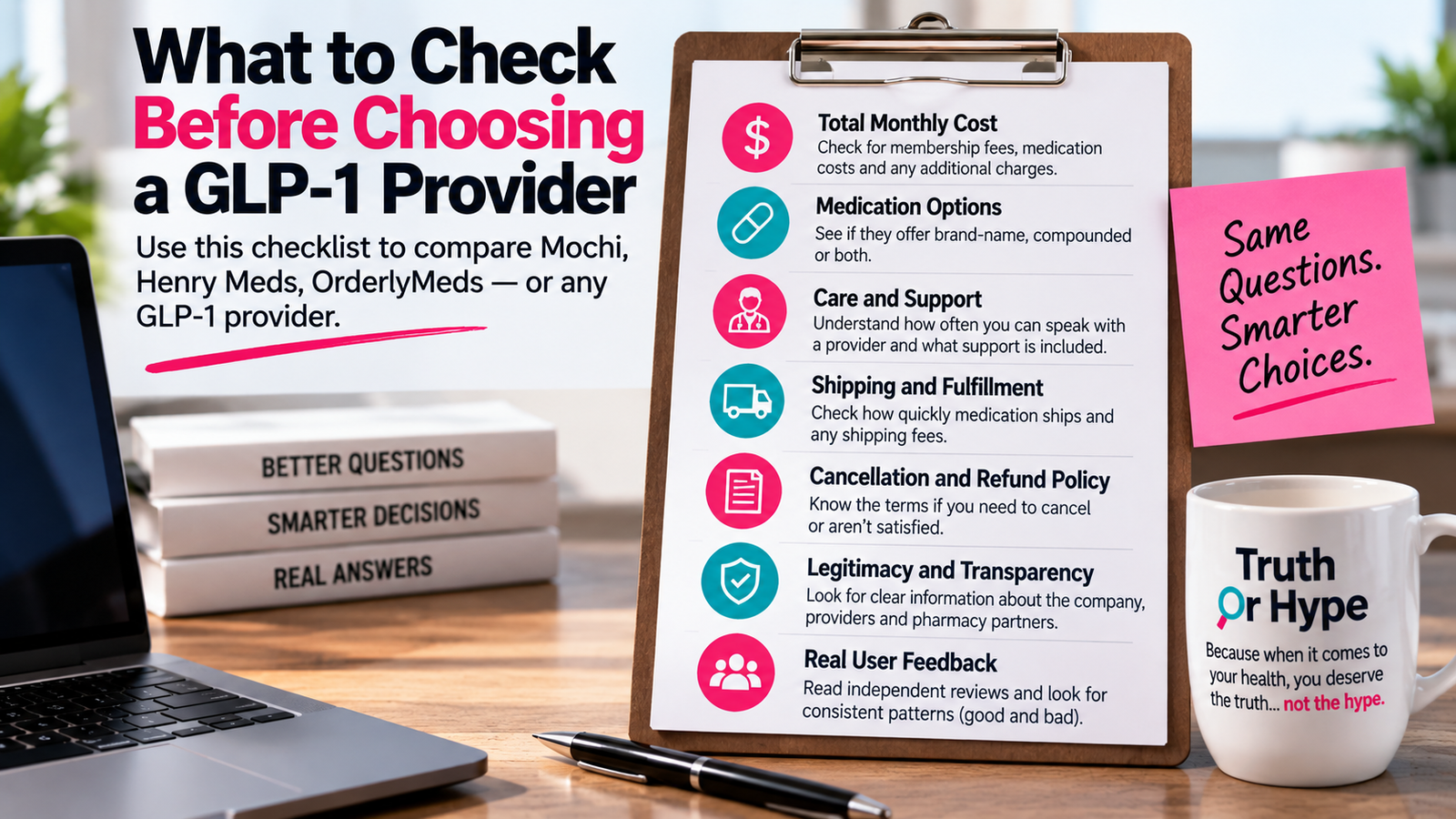Mochi vs. Henry Meds vs. OrderlyMeds: The Real Difference 3 Mochi vs Henry Meds vs OrderlyMeds checklist for comparing GLP-1 provider costs, medication options and support