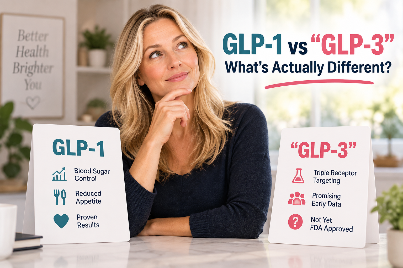 What Is a “GLP-3” — and Is It Better Than a GLP-1? 1 GLP-3 vs GLP-1 comparison showing differences between current GLP-1 drugs and triple agonists