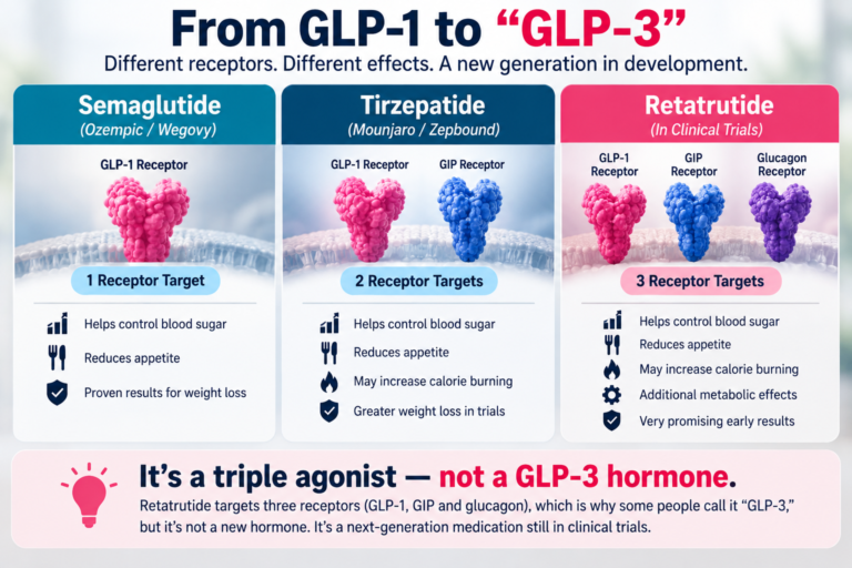 GLP-3 vs GLP-1 infographic comparing semaglutide, tirzepatide and retatrutide receptor targets