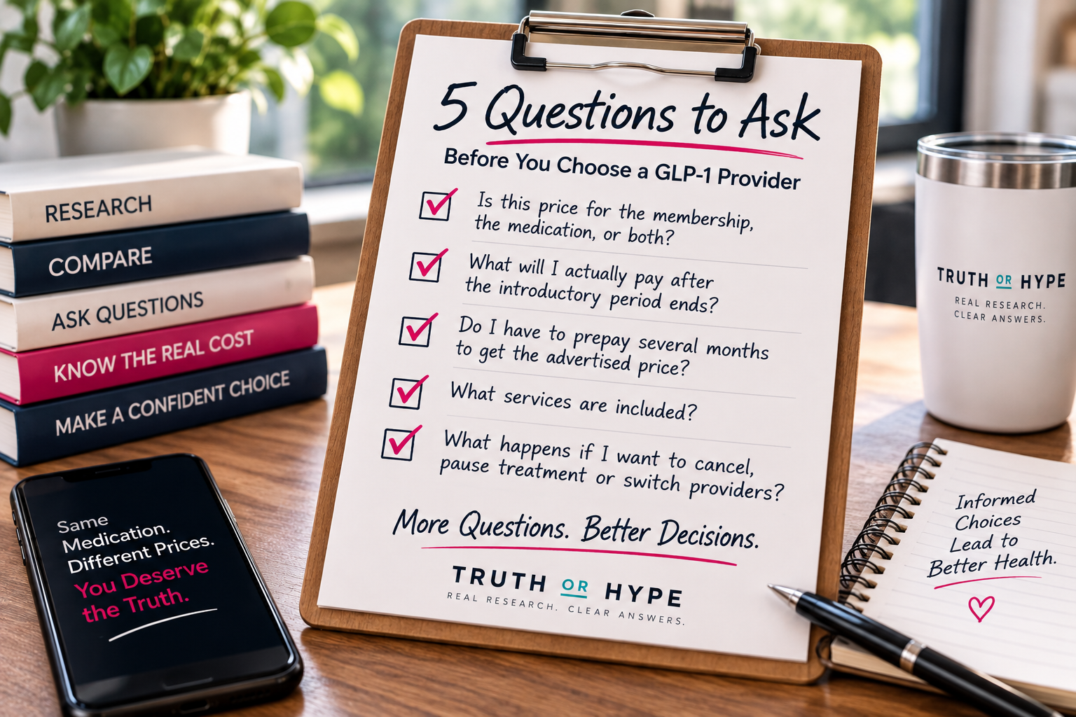 Five questions to ask before choosing a GLP-1 provider, including membership fees, medication costs and cancellation