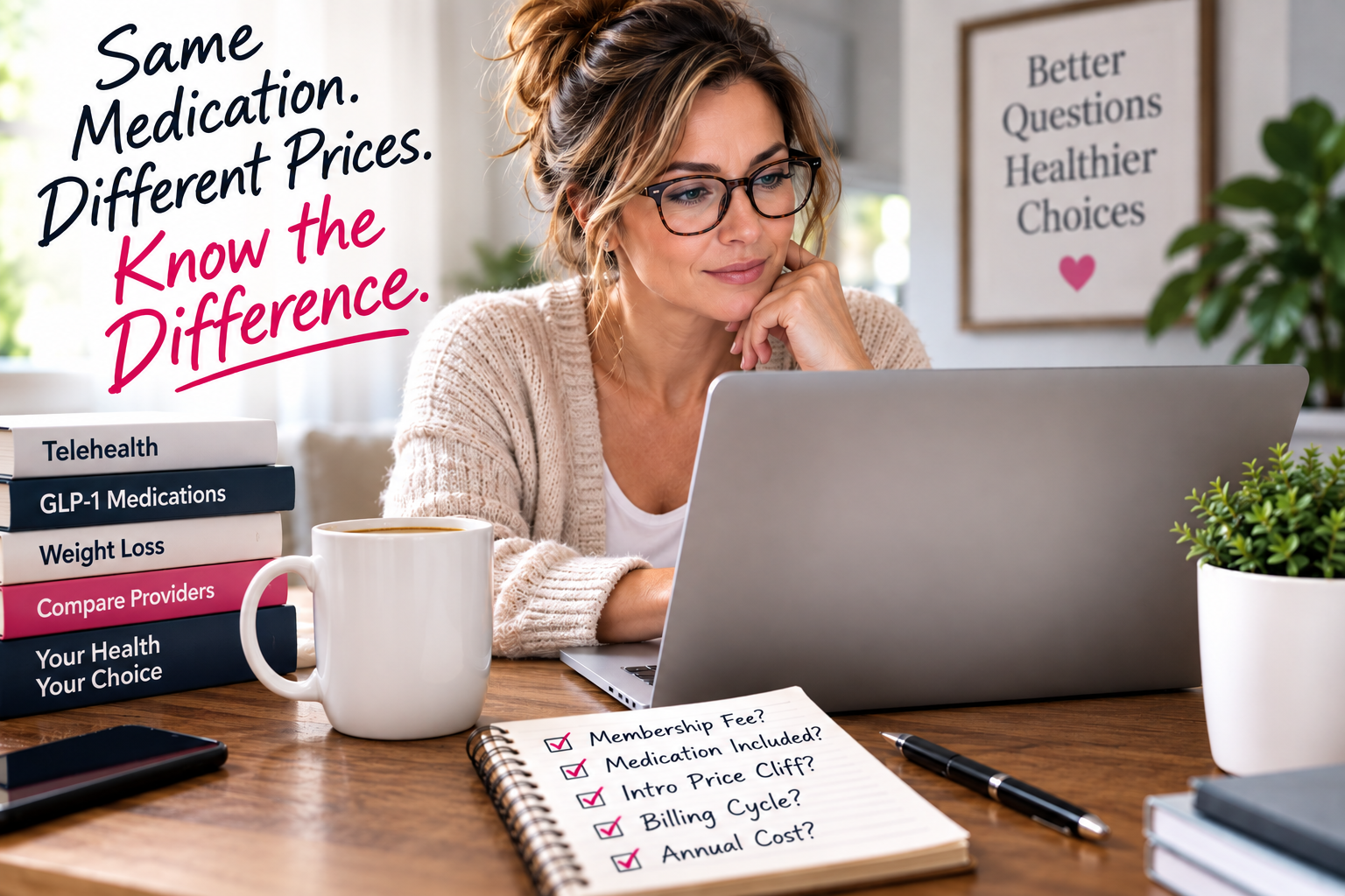 Woman comparing GLP-1 provider membership fees, medication costs and introductory pricing