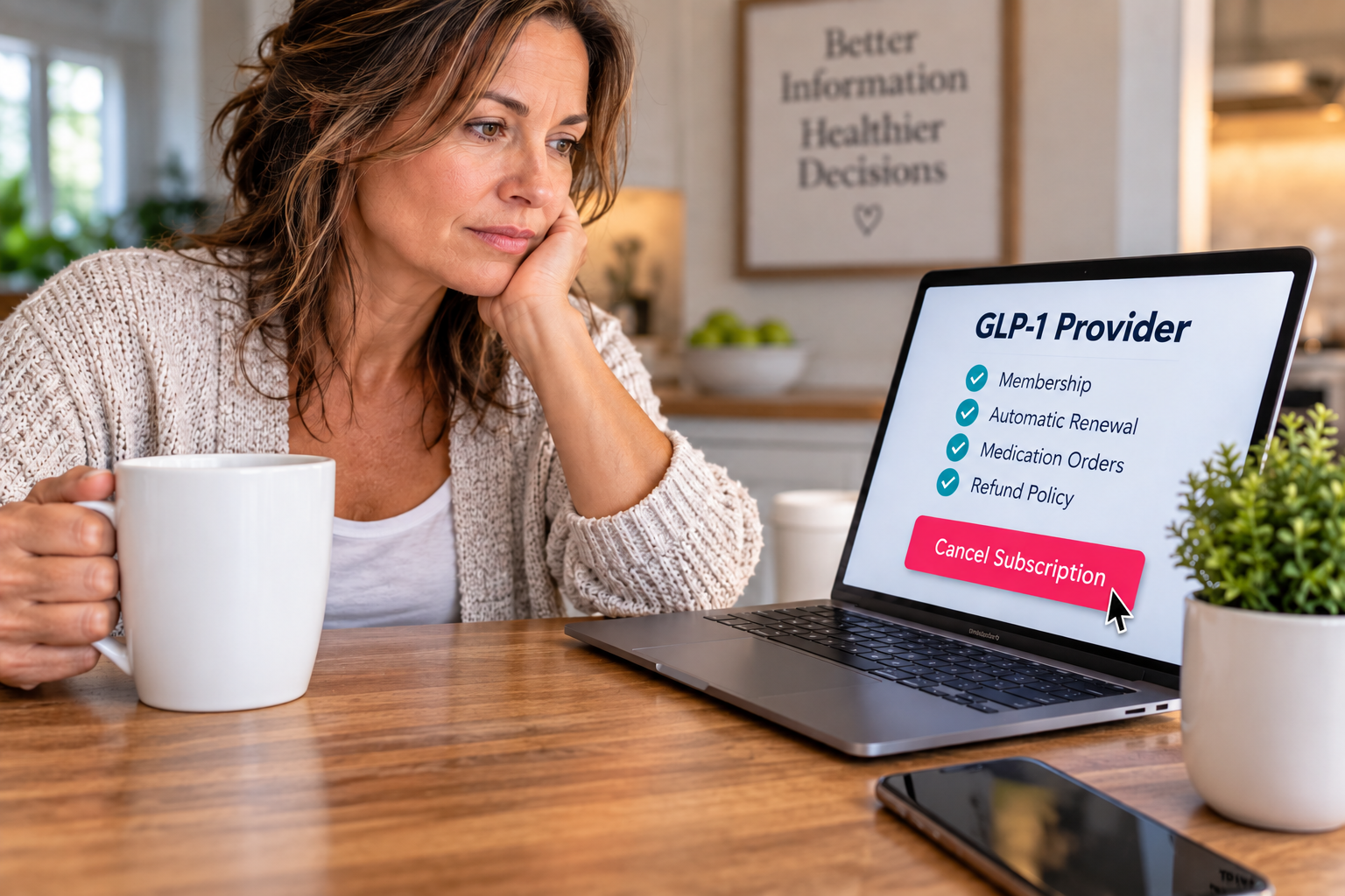Woman reviewing how to cancel a GLP-1 provider and checking membership, medication and refund policies
