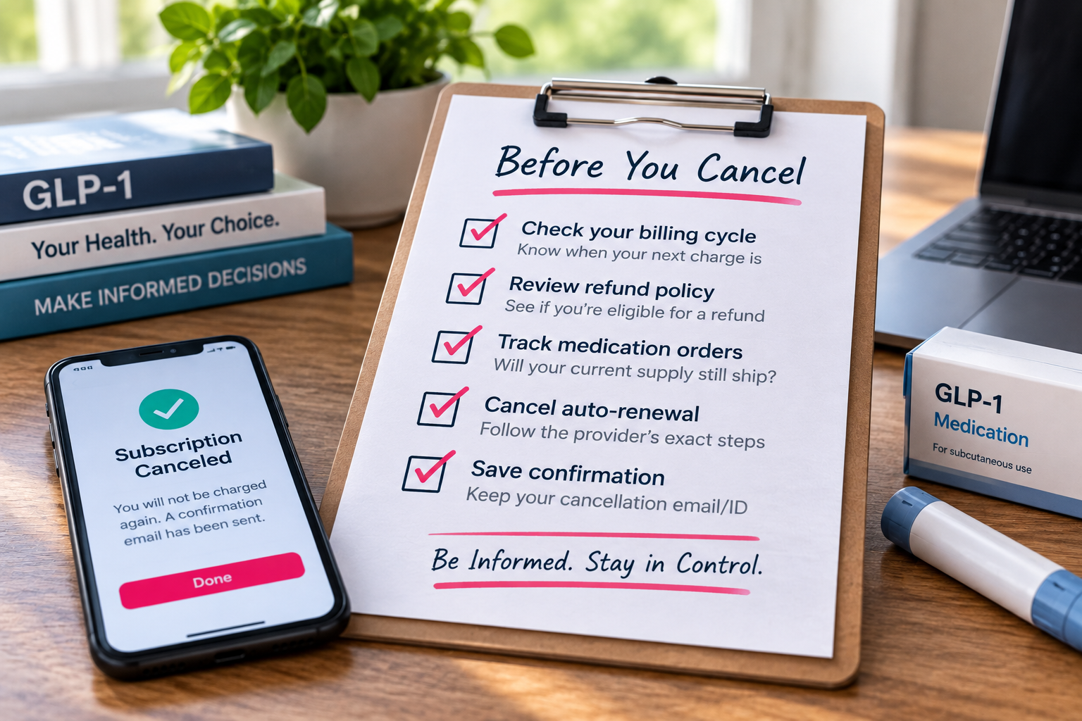 Checklist of steps to take before canceling a GLP-1 provider, including billing, refunds and medication orders