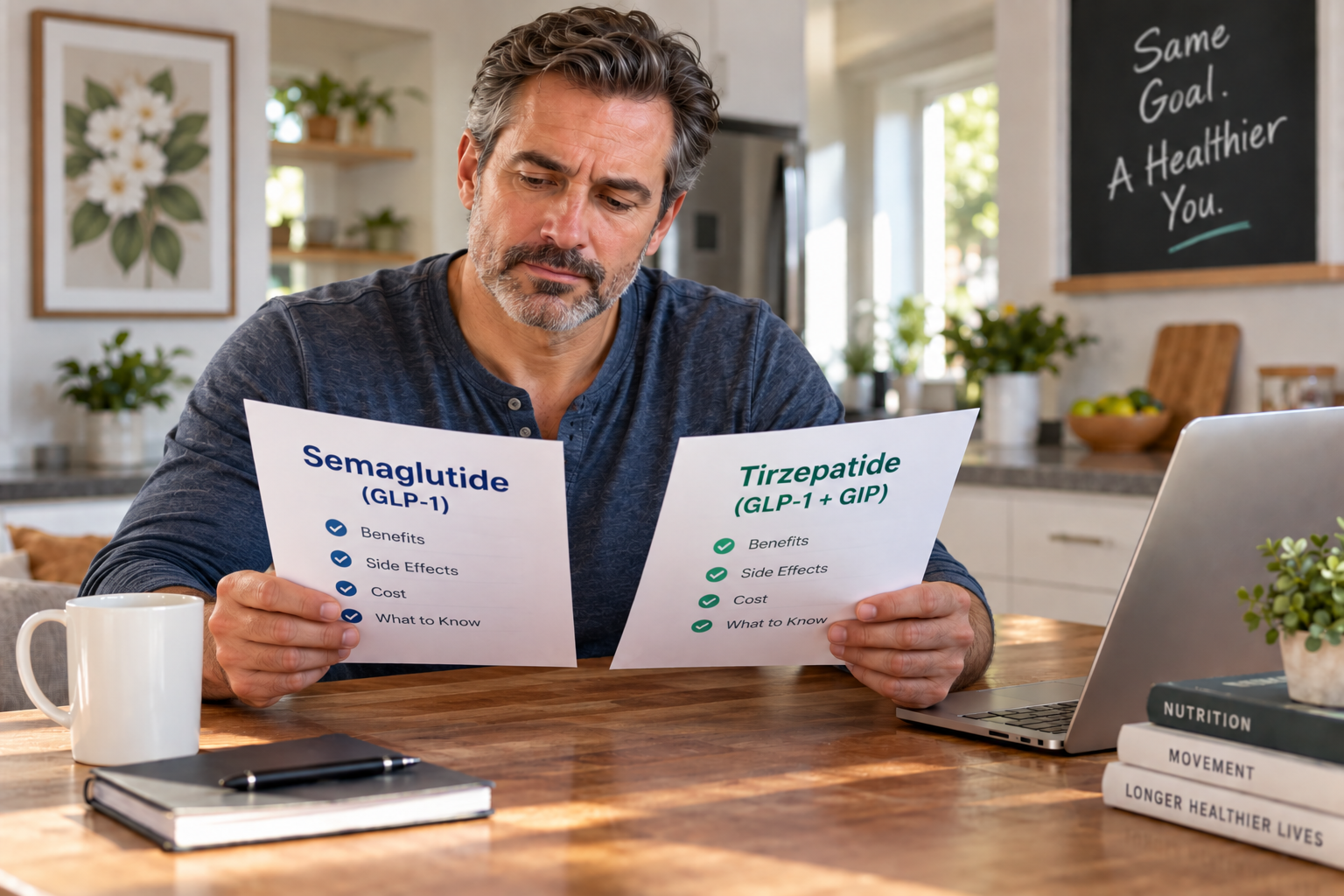 Man comparing semaglutide vs tirzepatide GLP-1 treatment options