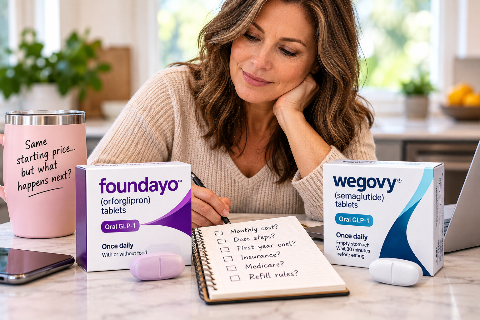 Foundayo vs. Wegovy Pill: What Each One Really Costs Per Month (2026) 2 Woman comparing Foundayo vs Wegovy pill costs, dosing and insurance options